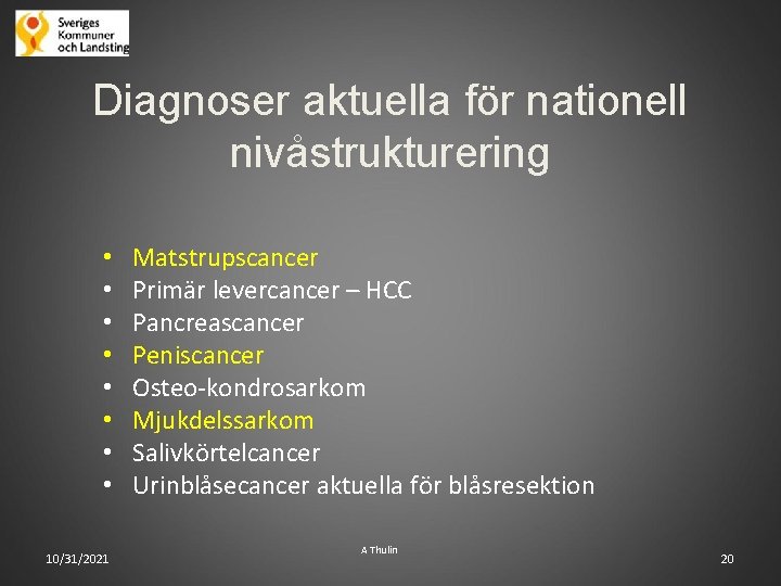 Diagnoser aktuella för nationell nivåstrukturering • • 10/31/2021 Matstrupscancer Primär levercancer – HCC Pancreascancer