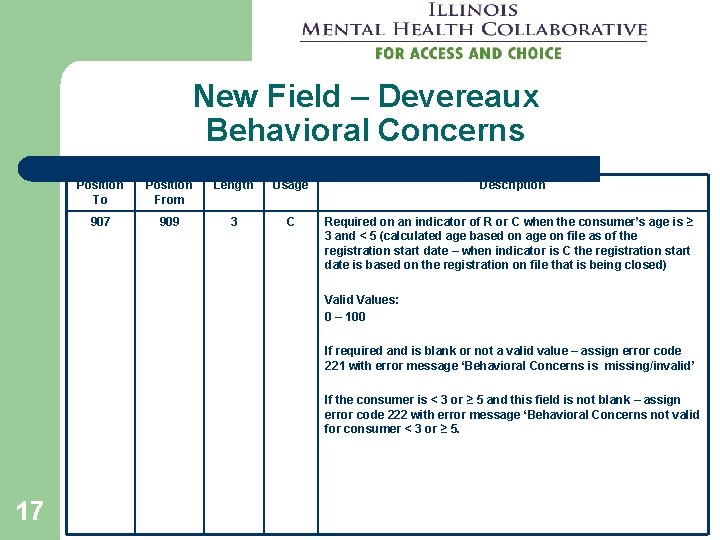 New Field – Devereaux Behavioral Concerns Position To Position From Length Usage 907 909