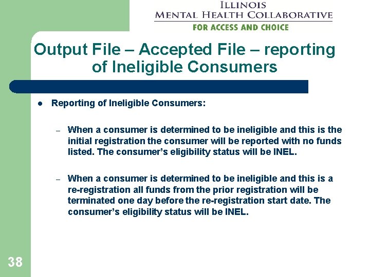 Output File – Accepted File – reporting of Ineligible Consumers l 38 Reporting of
