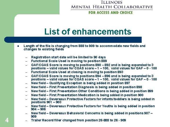 List of enhancements l Length of the file is changing from 888 to 909