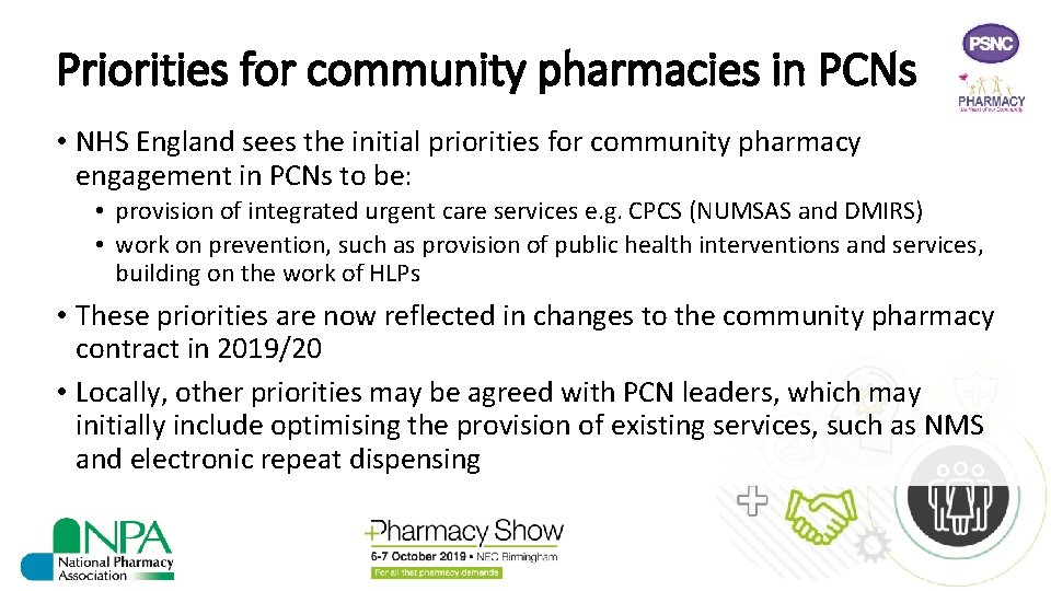 Priorities for community pharmacies in PCNs • NHS England sees the initial priorities for