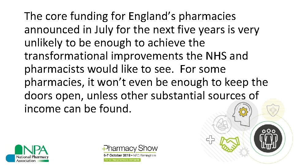 The core funding for England’s pharmacies announced in July for the next five years