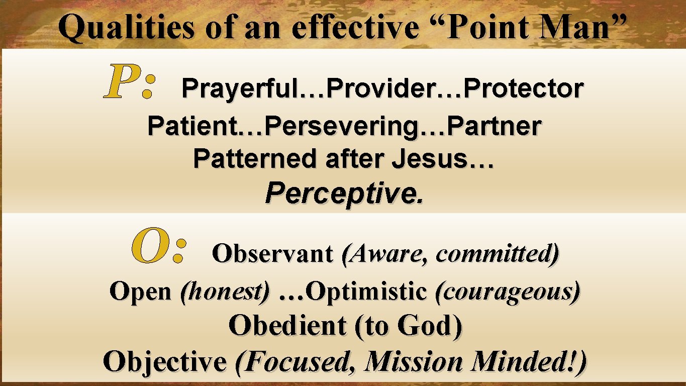 Qualities of an effective “Point Man” P: Prayerful…Provider…Protector Patient…Persevering…Partner Patterned after Jesus… Perceptive. P: