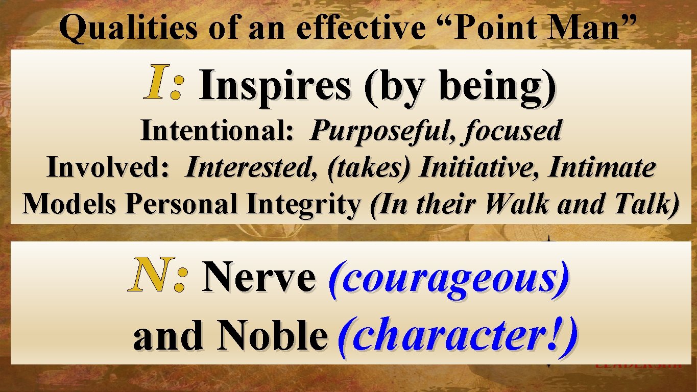 Qualities of an effective “Point Man” I: Inspires (by being) Intentional: Purposeful, focused Involved: