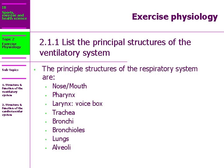 IB Sports, exercise and health science Exercise physiology 2. 1. 1 List the principal