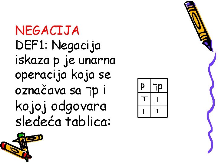 NEGACIJA DEF 1: Negacija iskaza p je unarna operacija koja se označava sa ך