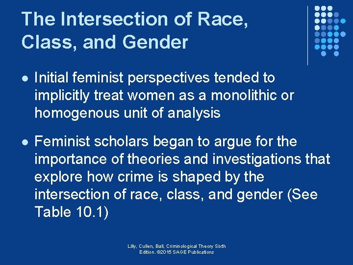 The Intersection of Race, Class, and Gender l Initial feminist perspectives tended to implicitly