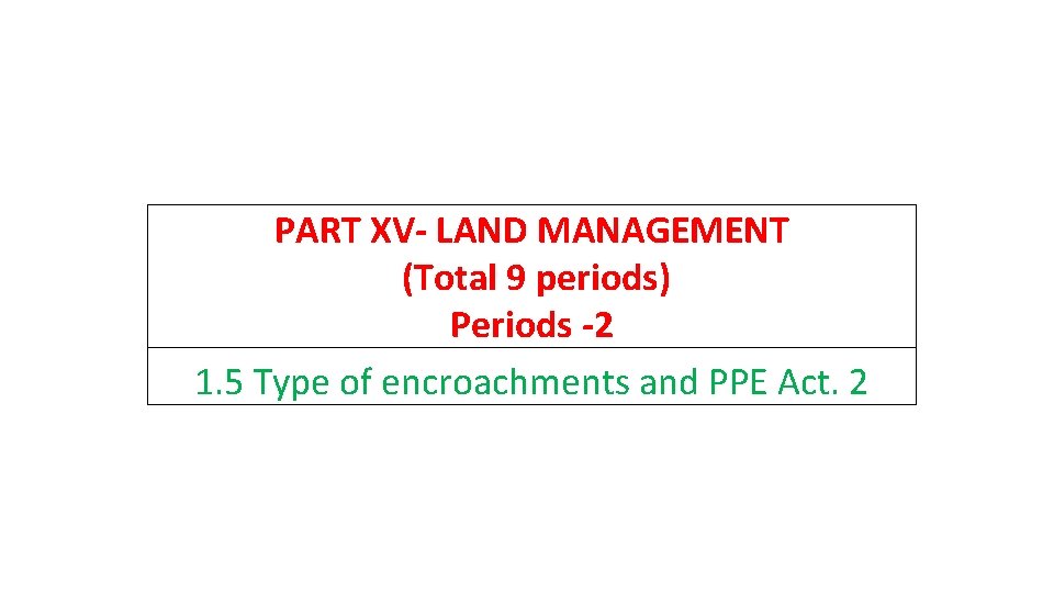 PART XV- LAND MANAGEMENT (Total 9 periods) Periods -2 1. 5 Type of encroachments