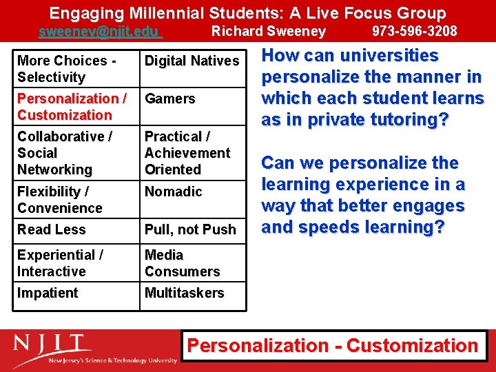 Engaging Millennial Students: A Live Focus Group sweeney@njit. edu Richard Sweeney More Choices Selectivity