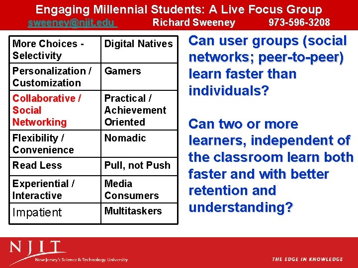 Engaging Millennial Students: A Live Focus Group sweeney@njit. edu Richard Sweeney More Choices Selectivity