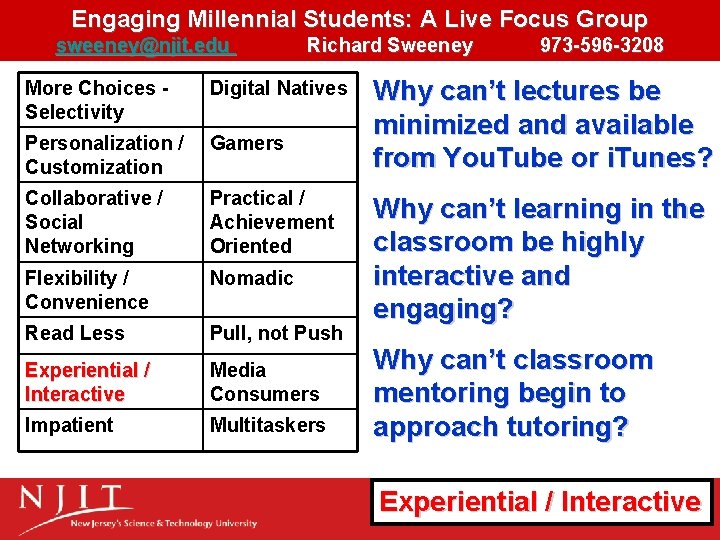 Engaging Millennial Students: A Live Focus Group sweeney@njit. edu Richard Sweeney More Choices Selectivity