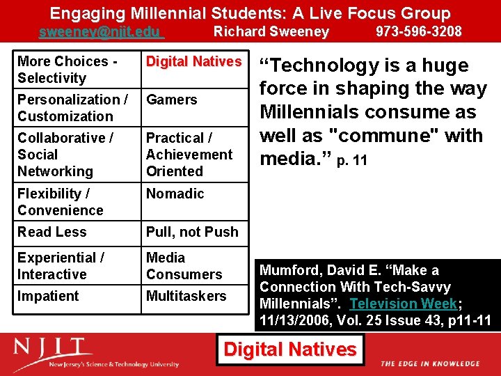 Engaging Millennial Students: A Live Focus Group sweeney@njit. edu Richard Sweeney More Choices Selectivity