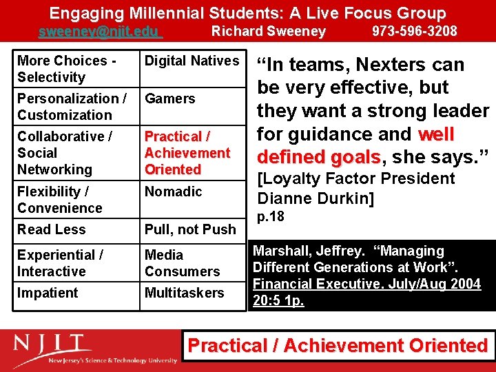 Engaging Millennial Students: A Live Focus Group sweeney@njit. edu Richard Sweeney More Choices Selectivity