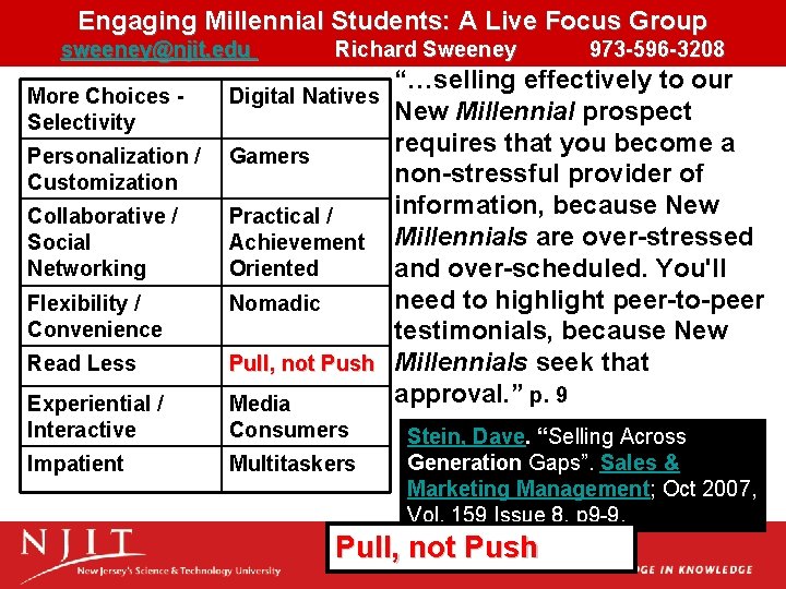 Engaging Millennial Students: A Live Focus Group sweeney@njit. edu More Choices Selectivity Personalization /