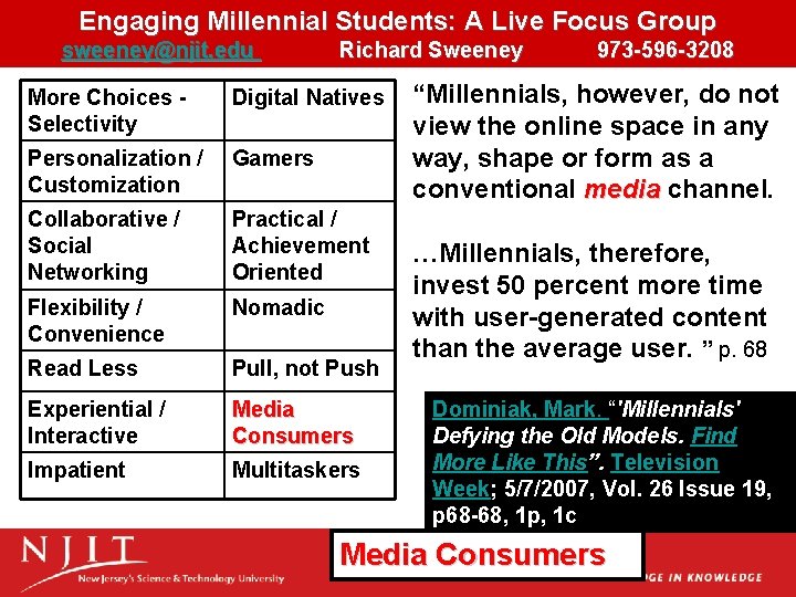 Engaging Millennial Students: A Live Focus Group sweeney@njit. edu Richard Sweeney More Choices Selectivity