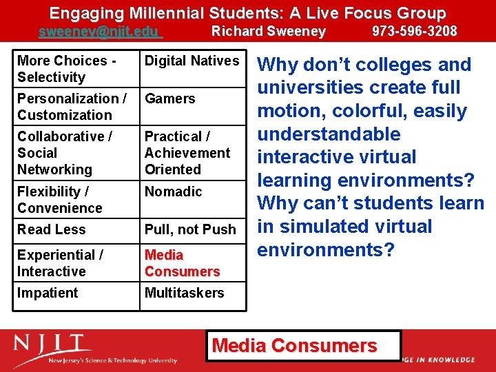 Engaging Millennial Students: A Live Focus Group sweeney@njit. edu Richard Sweeney More Choices Selectivity