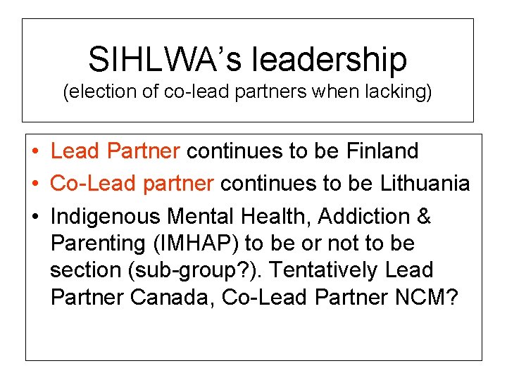 SIHLWA’s leadership (election of co-lead partners when lacking) • Lead Partner continues to be