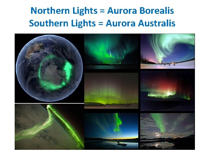 Northern Lights = Aurora Borealis Southern Lights = Aurora Australis 