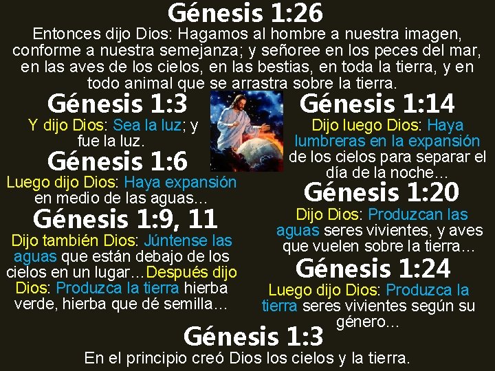 Génesis 1: 26 Entonces dijo Dios: Hagamos al hombre a nuestra imagen, conforme a