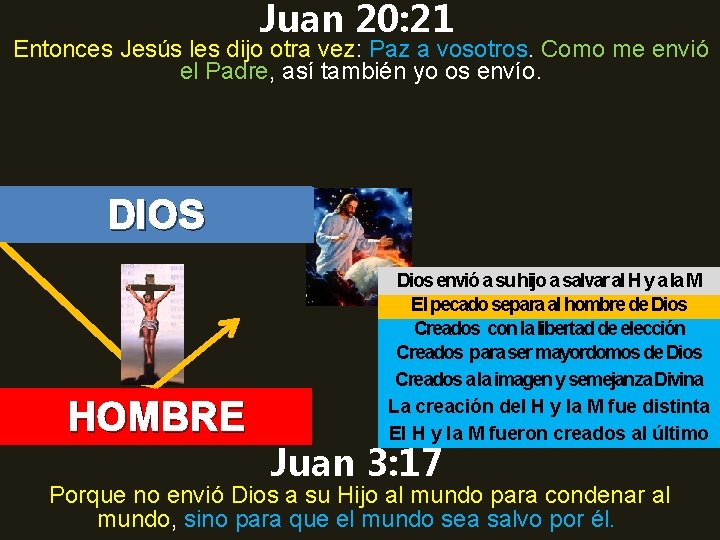 Juan 20: 21 Entonces Jesús les dijo otra vez: Paz a vosotros. Como me