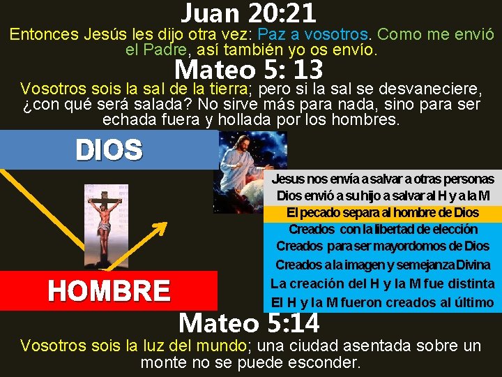 Juan 20: 21 Entonces Jesús les dijo otra vez: Paz a vosotros. Como me