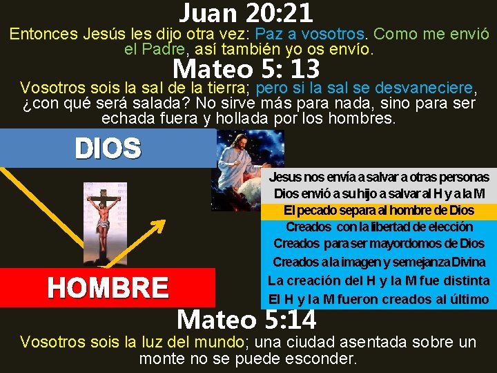 Juan 20: 21 Entonces Jesús les dijo otra vez: Paz a vosotros. Como me