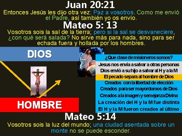 Juan 20: 21 Entonces Jesús les dijo otra vez: Paz a vosotros. Como me