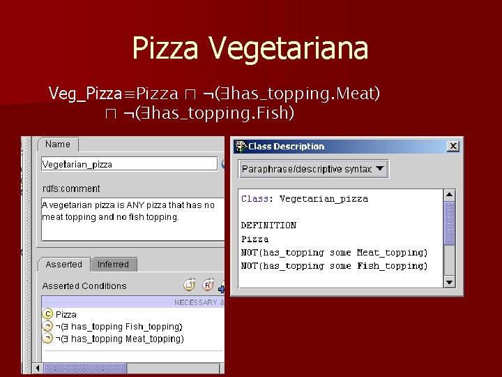 Pizza Vegetariana Veg_Pizza≡Pizza ⊓ ¬(∃has_topping. Meat) ⊓ ¬(∃has_topping. Fish) 50 