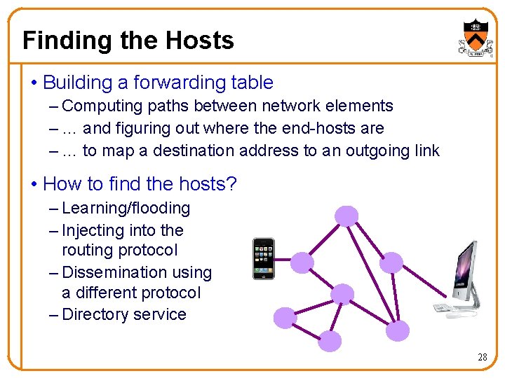 Finding the Hosts • Building a forwarding table – Computing paths between network elements