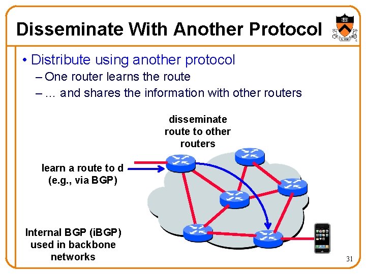 Disseminate With Another Protocol • Distribute using another protocol – One router learns the