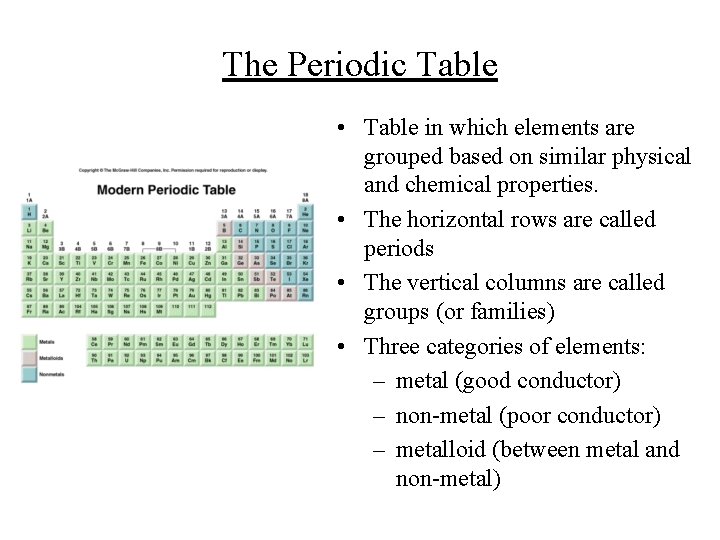 The Periodic Table • Table in which elements are grouped based on similar physical