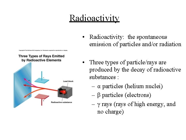 Radioactivity • Radioactivity: the spontaneous emission of particles and/or radiation • Three types of