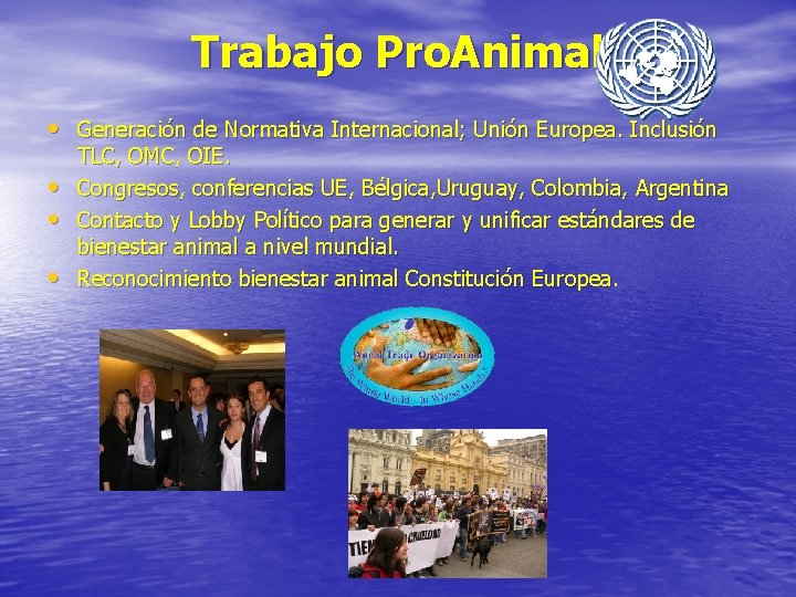 Trabajo Pro. Animal • Generación de Normativa Internacional; Unión Europea. Inclusión • • •