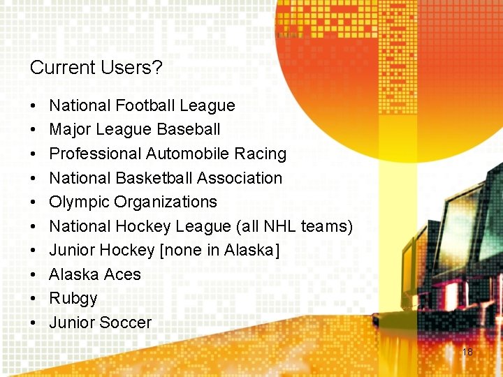 Current Users? • • • National Football League Major League Baseball Professional Automobile Racing