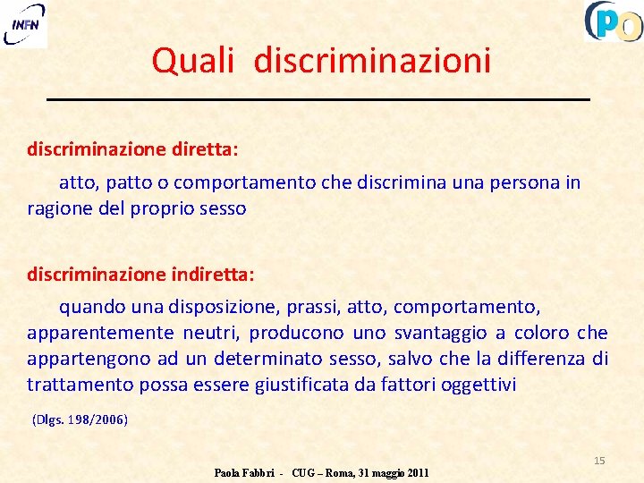 Quali discriminazione diretta: atto, patto o comportamento che discrimina una persona in ragione del