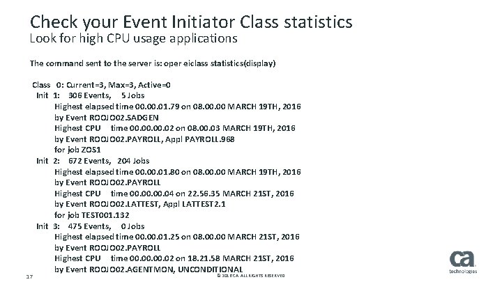 Check your Event Initiator Class statistics Look for high CPU usage applications The command