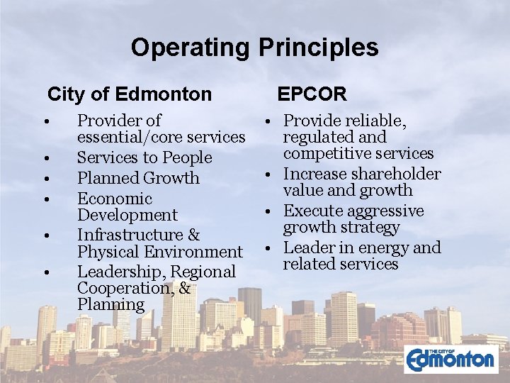 Operating Principles City of Edmonton • • • Provider of essential/core services Services to