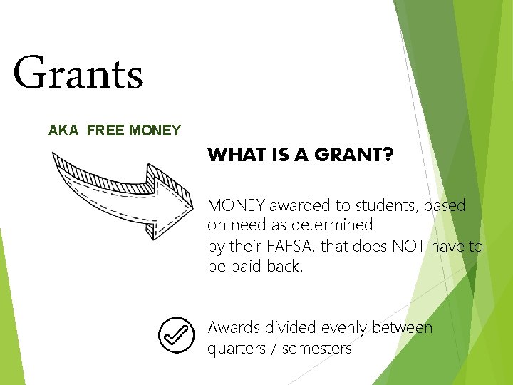 Grants AKA FREE MONEY WHAT IS A GRANT? MONEY awarded to students, based on