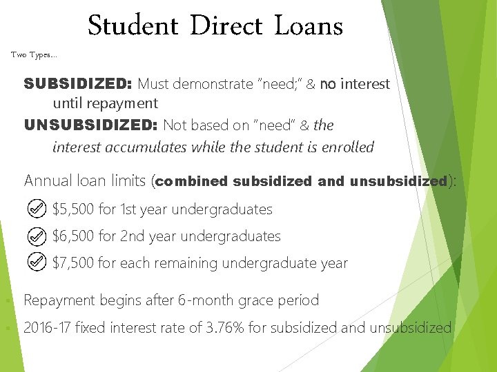Two Types… Student Direct Loans SUBSIDIZED: Must demonstrate “need; ” & no interest until