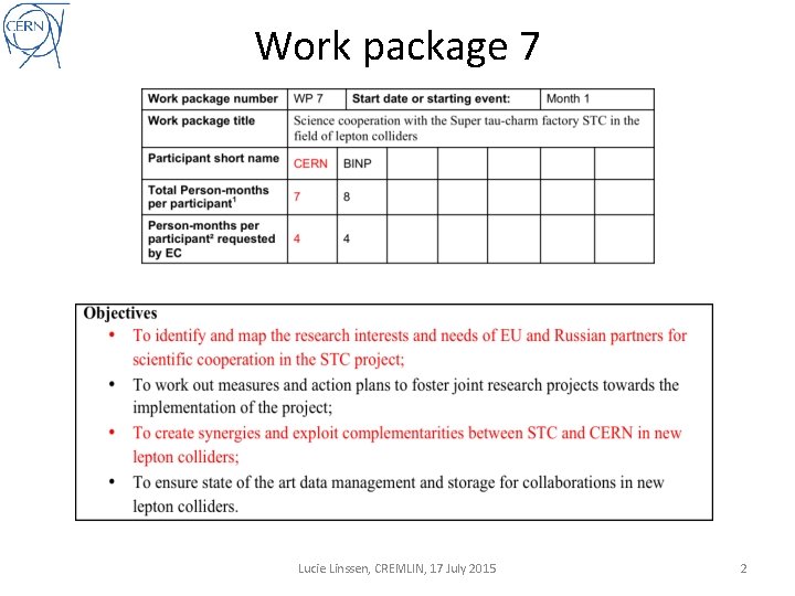 Work package 7 Lucie Linssen, CREMLIN, 17 July 2015 2 