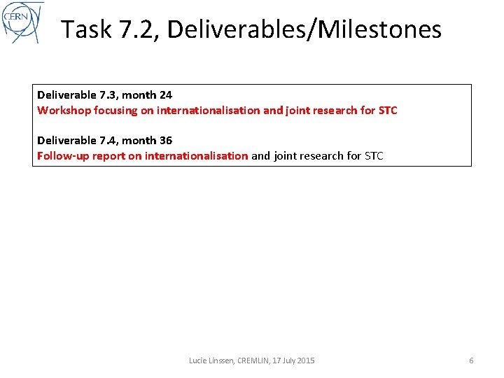 Task 7. 2, Deliverables/Milestones Deliverable 7. 3, month 24 Workshop focusing on internationalisation and