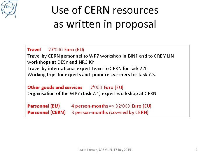 Use of CERN resources as written in proposal Travel 27'000 Euro (EU) Travel by