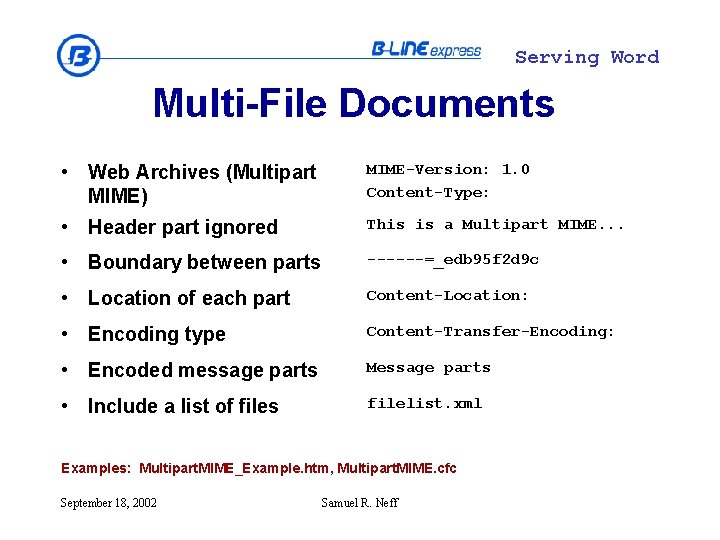 Serving Word Multi-File Documents • Web Archives (Multipart MIME) MIME-Version: 1. 0 Content-Type: •