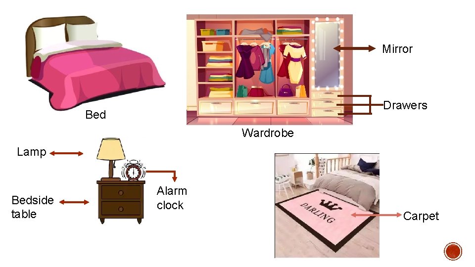 Mirror Drawers Bed Wardrobe Lamp Bedside table Alarm clock Carpet 