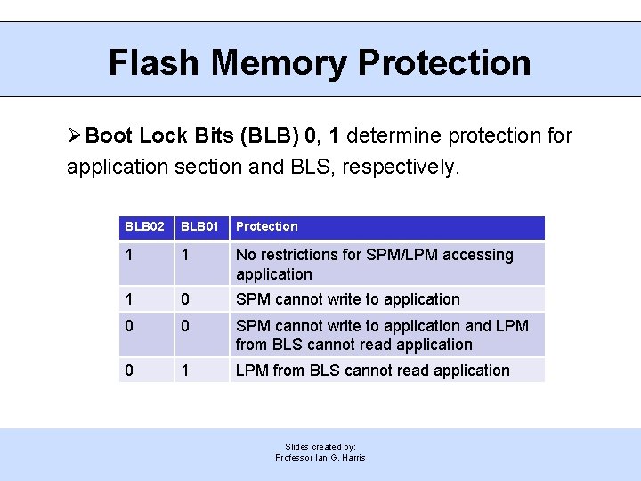 Flash Memory Protection Boot Lock Bits (BLB) 0, 1 determine protection for application section