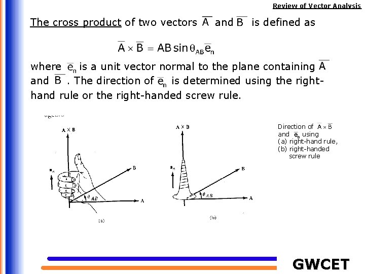 Review of Vector Analysis The cross product of two vectors and is defined as