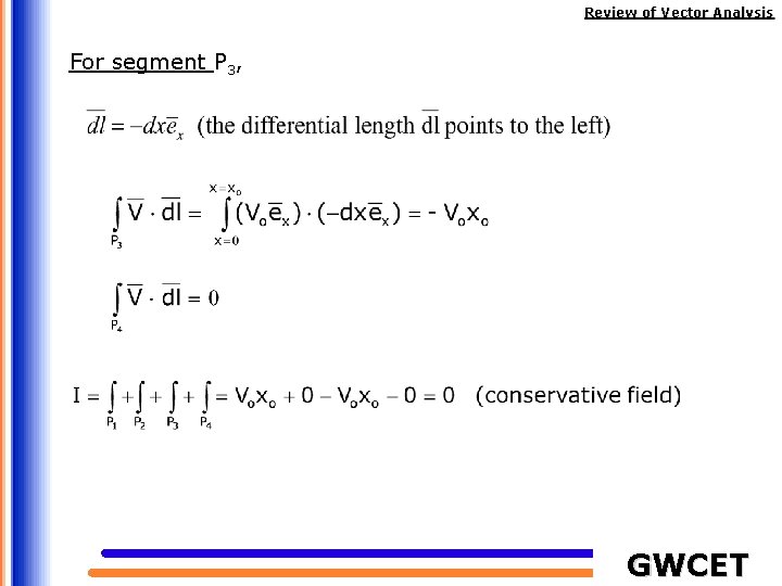Review of Vector Analysis For segment P 3, GWCET 