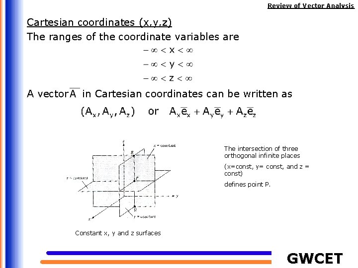 Review of Vector Analysis Cartesian coordinates (x, y, z) The ranges of the coordinate