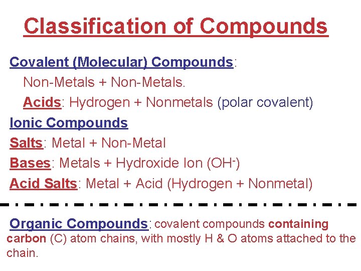 Classification of Compounds Covalent (Molecular) Compounds: Non-Metals + Non-Metals. Acids: Hydrogen + Nonmetals (polar