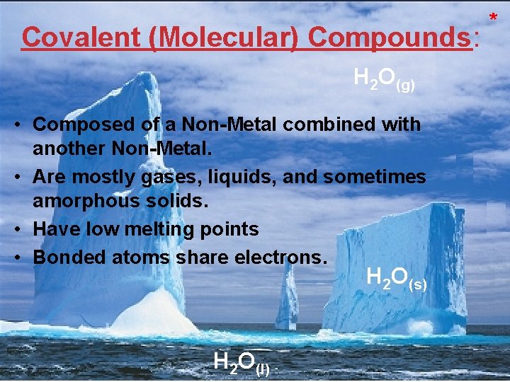 Covalent (Molecular) Compounds: * H 2 O(g) • Composed of a Non-Metal combined with